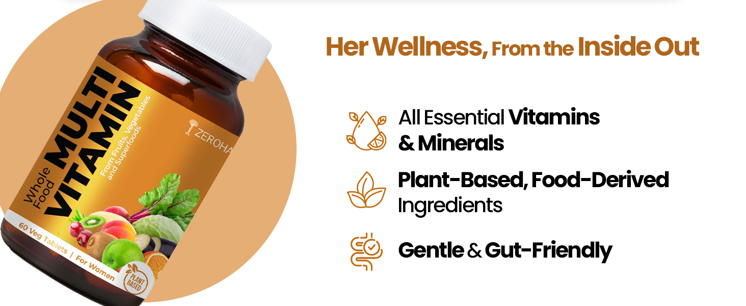 ZEROHARM Multivitamin Tablets for Women | Whole Foods with Vitamin A, B, C, D, Biotin, Iron, Zinc & Selenium | Boosts Energy, Immunity, Radiance, Hair, Skin, Bones & Overall Wellness | 60 Tablets