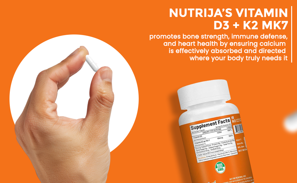 NutriJa Vitamin D3 + K2 as MK7 Supplement 60 capsules - Stronger Immunity, Supports Bones, Joints & Heart Health
