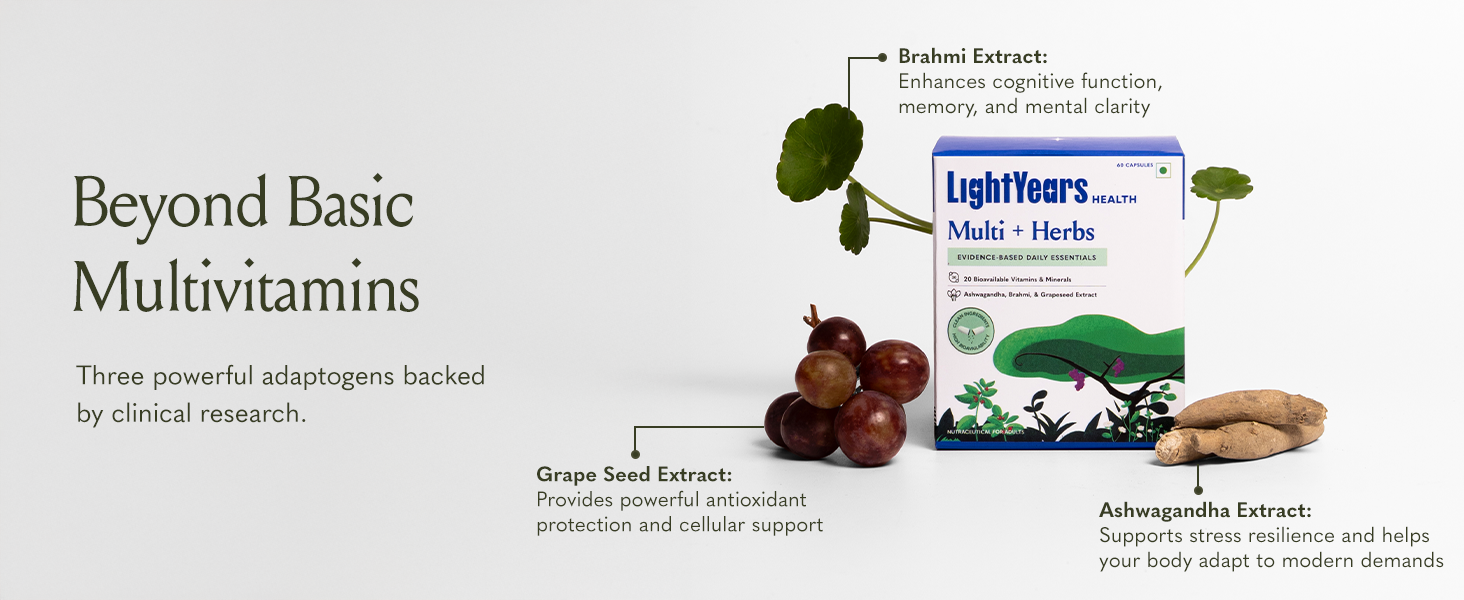 LightYears Multi + Herbs | Vitamins, Minerals & Herbs | Boosts Energy, Supports Immunity & Memory | Supports Bone & Joint Health | No Titanium Dioxide | 60 Capsules