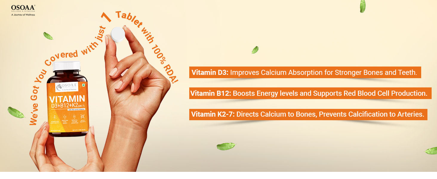 OSOAA Vitamin D3 K2 MK7 Supplement - 120 Tablets | 600 IU | Promotes Calcium Absorption, Bone Health, Muscle Strength & Immunity | Plant Based - Lichen Source | (Pack of 2)
