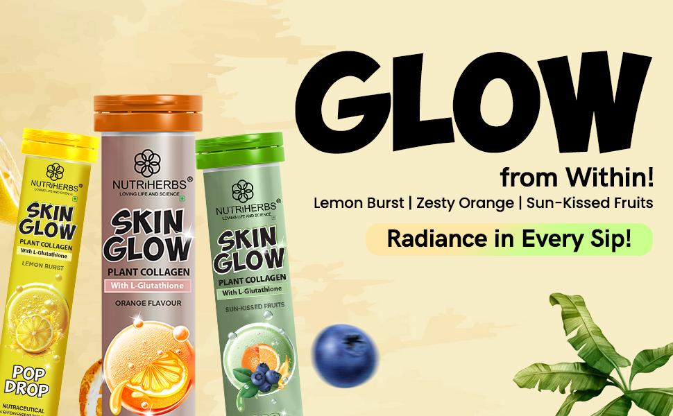 NUTRiHERBS Skin Glow with L-Glutathione Effervescent Tablets | Plant Based Collagen Booster & Vitamin C Supplement for Radiant Skin & Hair (15 Tablets, Zesty Orange)
