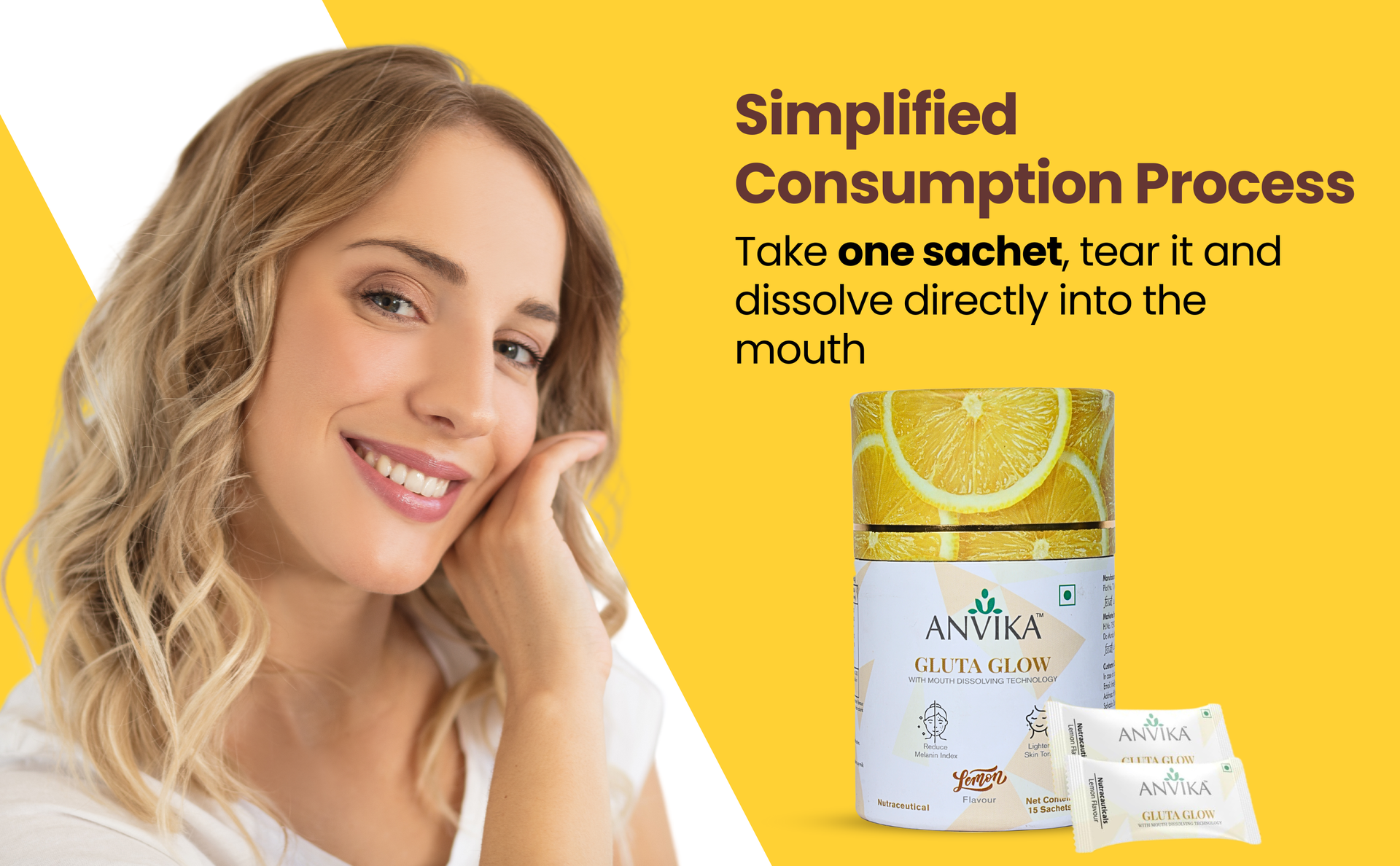 Gluta Glow with L-Glutathione & Vitamin C | Skin Brightening & Antioxidant Support | Lemon Flavor | Mouth dissolving Glutathione | 15 Sachet