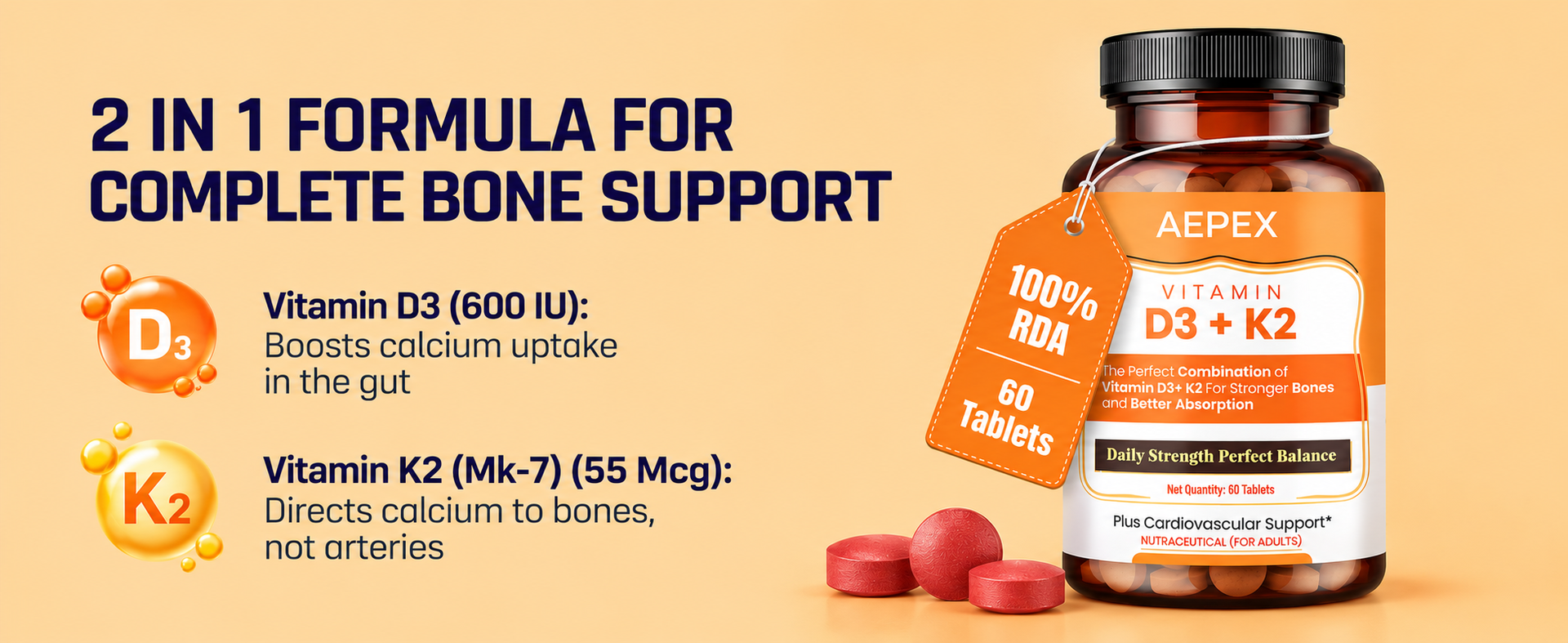 60 Tablets Vitamin D3 + K2 Tablets | Supports Bone, Heart & Immune Health | Enhanced Calcium Absorption & Utilization | Better Absorption Formula | Daily Wellness Supplement