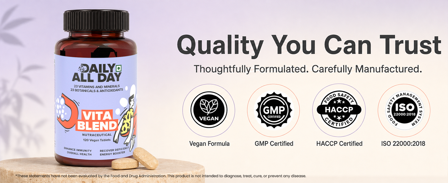 Vita Blend Ayurvedic Multivitamin Tablets, 46-in-1 with Omega 3-6-9, Vitamin B12, D3, K2, Zinc, Iron, Botanicals, Ashwagandha, Brahmi, Tulsi, Giloy, Moringa, Immunity, Energy & Stamina,120 Tablets