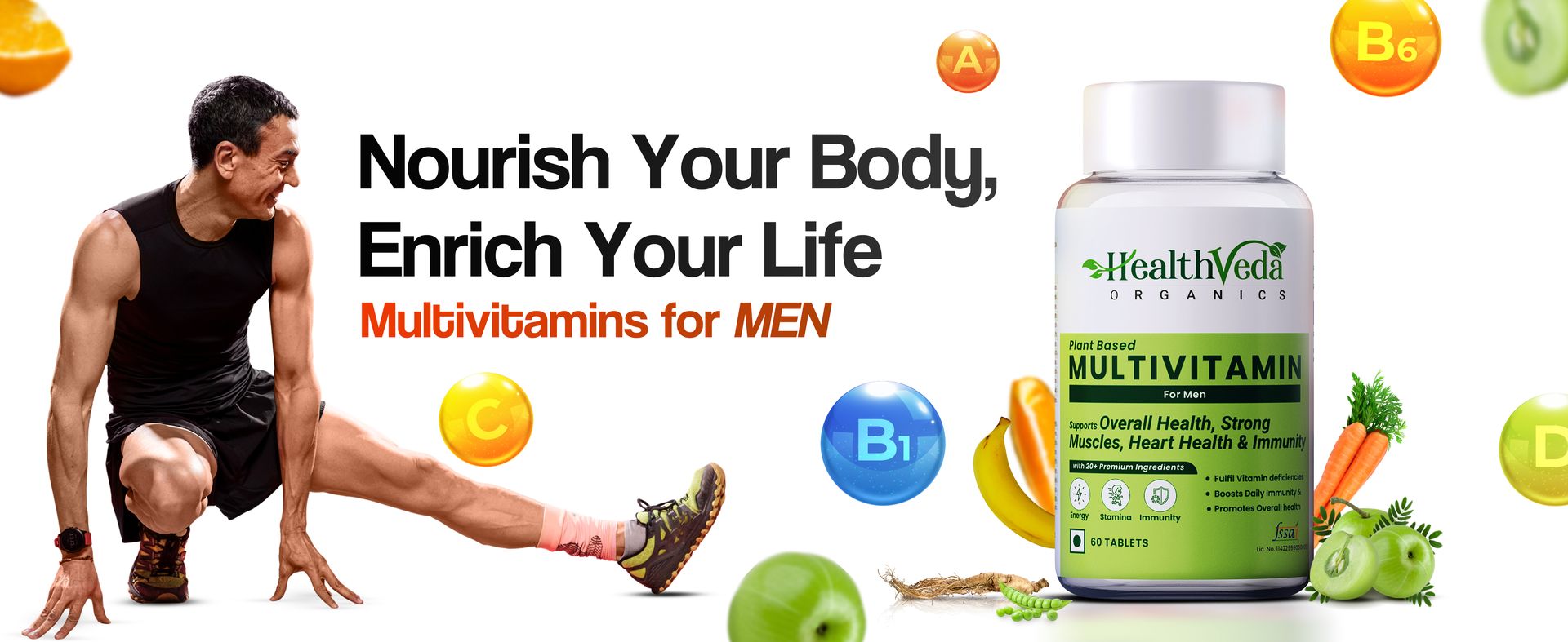 Health Veda Organics Multivitamin for Men | 60 Veg Tablets | Energy, Stamina & Immunity Support | Daily Wellness & Overall Health Supplement