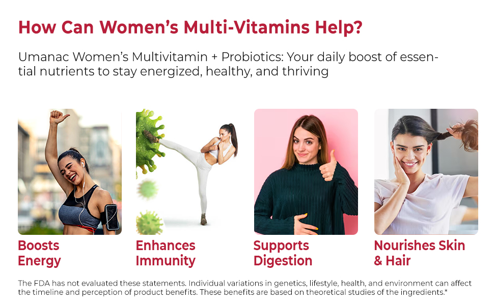 Umanac Plus Women’s Multivitamin | 100 Tablets | With Ginseng, Probiotics, Amla, Turmeric, Aloe Vera & Biotin | Daily Multivitamin for Energy, Immunity, Skin & Hair
