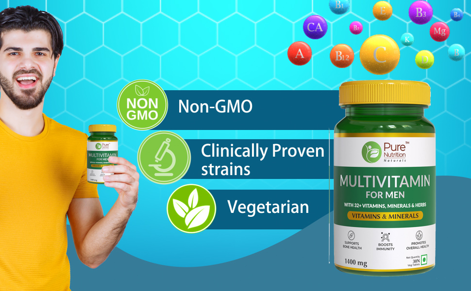 Pure Nutrition Multivitamin for Men (1400mg), 30 Veg Tablets, with Biotin, Iron, Alfa Alfa, Moringa, Ginseng, Fenugreek & Green Tea | Supports Immunity, Energy, Stamina, Bone & Overall Health