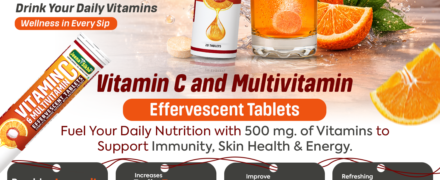 Jeena Sikho Vitamin C & Multivitamin Effervescent Tablets | Orange Flavour with 500 mg Vitamin C | Helps with Immunity, Skin Health & Daily Energy | Fizz Tablets for Easy Consumption | 20 Tablet