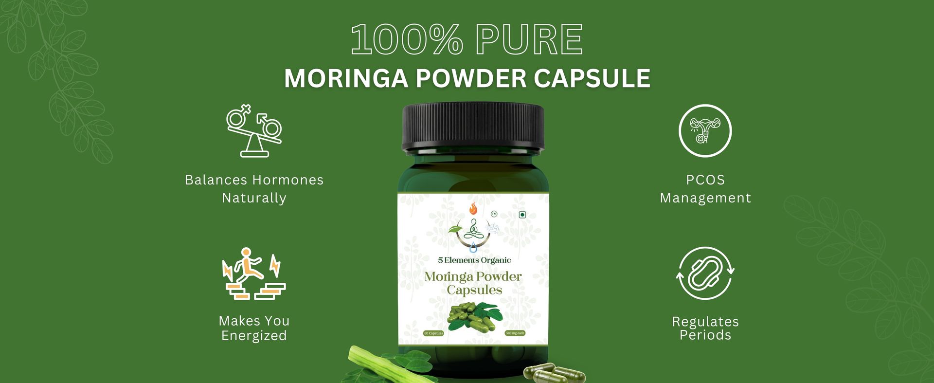 Moringa Capsules 500 mg, 60 Vegan Capsules, Moringa Leaf Powder Supplement, Plant-Based Herbal Formula, Non-GMO, Gluten-Free, Dietary Supplement, Pack of 1