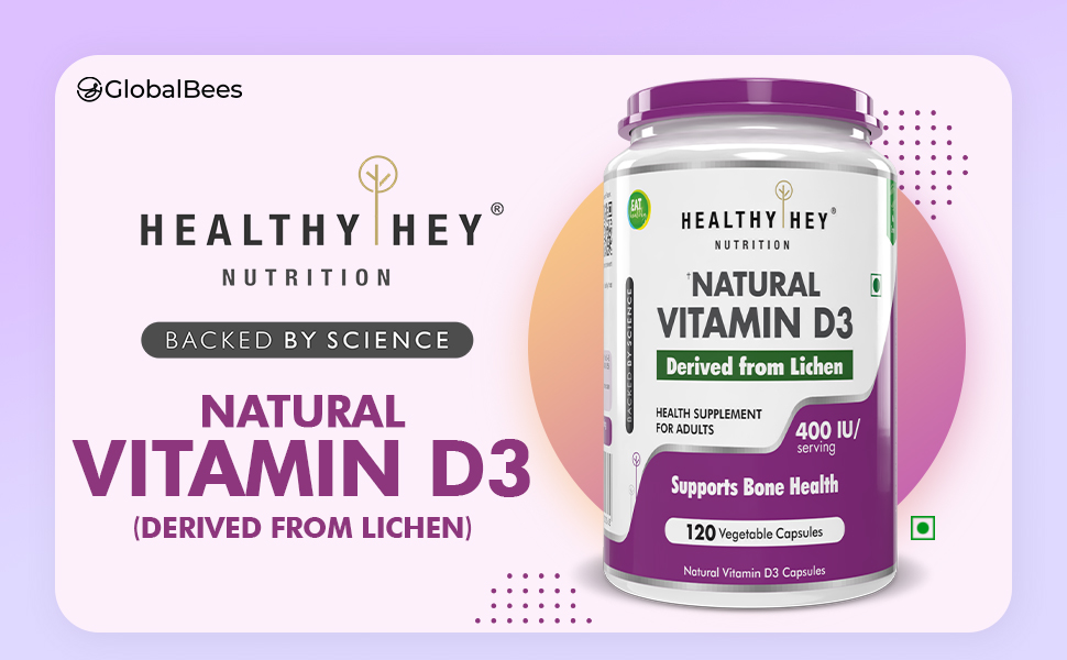 HealthyHey Vitamin D3 | 100% Vegetarian Natural & Plant-Based | Benefits Bone Health | 400 IU - 120 Veg Capsules | 4-month supply