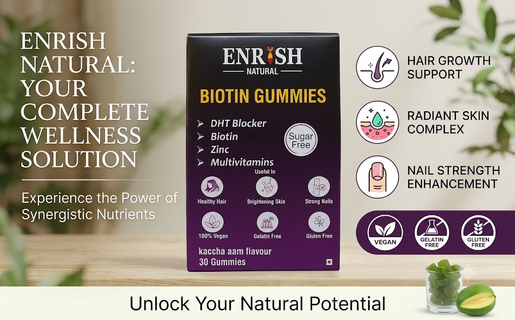 Biotin Hair Gummies | Kachha Aam Flavour | Biotin, DHT Blockers, Vitamin A, C, E, Fibre & Zinc | Gummies For Hair Growth & Skin Health For Women & Men - 30 Gummy