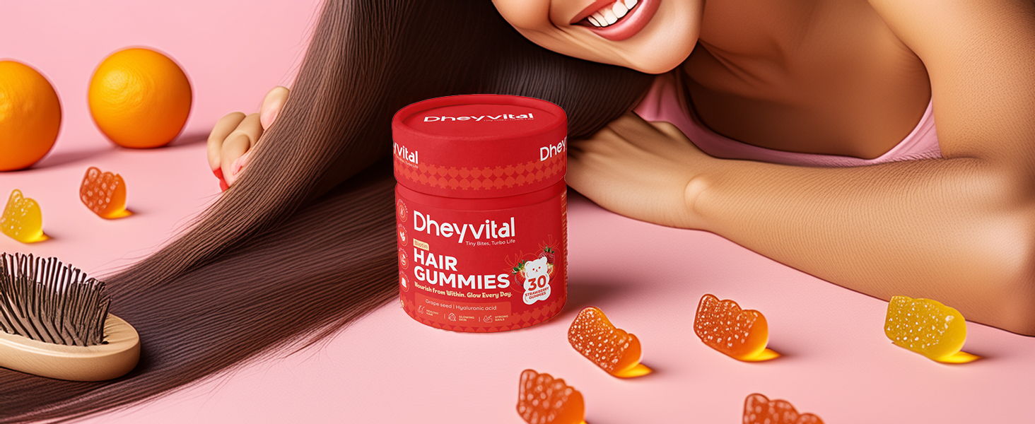 Hair Gummies with Biotin, Zinc & Folic Acid, Vitamins A-E, C & D,100% Veg, Gluten-Free, Supports Hair Growth, Strength & Shine, Natural Strawberry Flavor, 30 Gummies