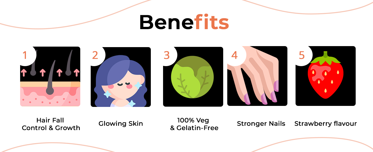 Hair Gummies with Biotin, Zinc & Folic Acid, Vitamins A-E, C & D,100% Veg, Gluten-Free, Supports Hair Growth, Strength & Shine, Natural Strawberry Flavor, 30 Gummies