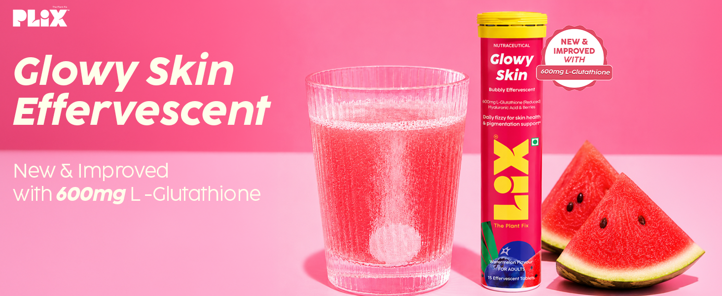 PLIX THE PLANT FIX Glowy Skin Bubbly Effervescent for Clear-Looking, Hydrated & Youthful Skin | 600mg Glutathione, Vitamin E & Hyaluronic Acid | No Maltodextrin | Watermelon Flavour (Pack of 1)