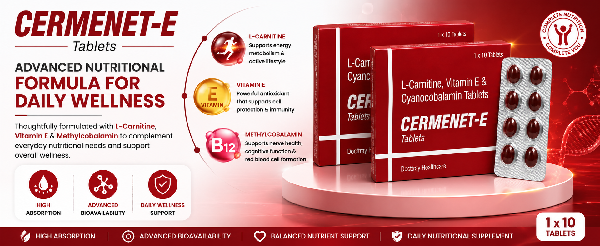 Docttray Cermenet-E Tablets with L-Carnitine, Vitamin E & Methylcobalamin B12 | Daily Vitality & Nutritional Support for Men & Women | 10 Tablets