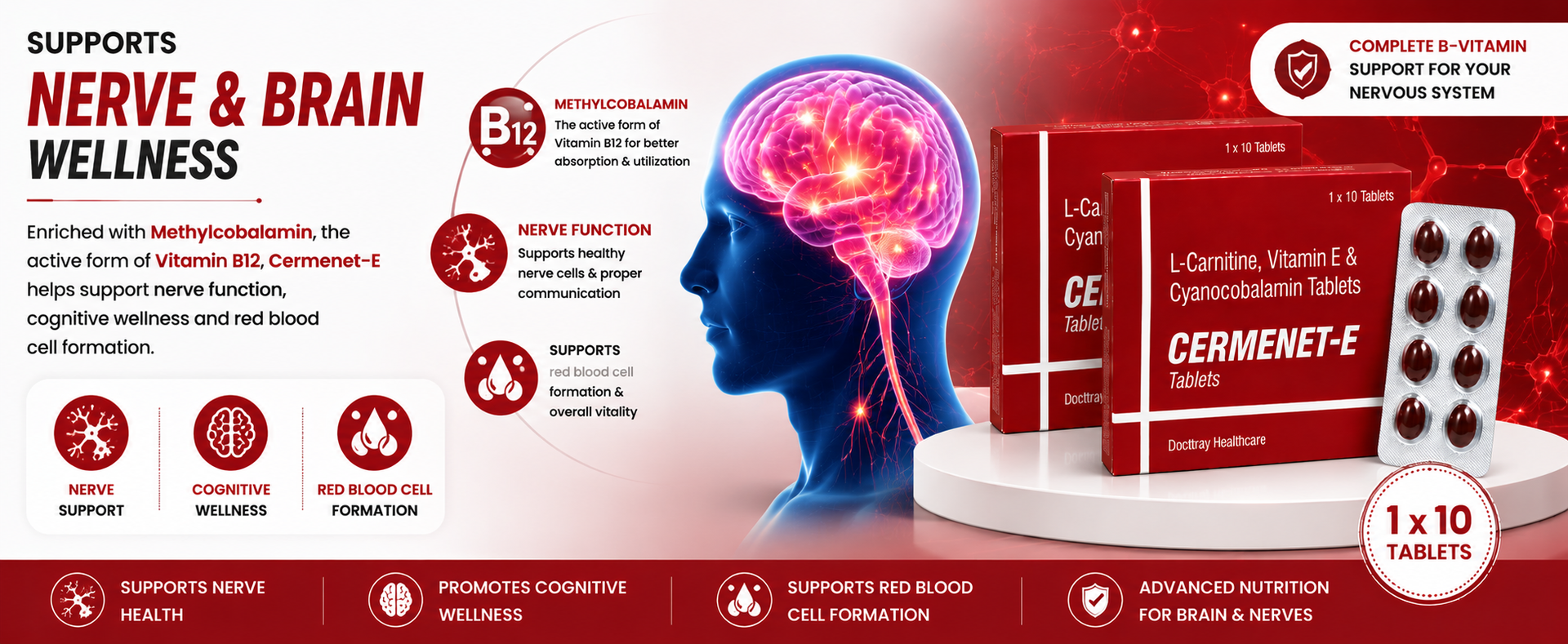 Docttray Cermenet-E Tablets with L-Carnitine, Vitamin E & Methylcobalamin B12 | Daily Vitality & Nutritional Support for Men & Women | 10 Tablets