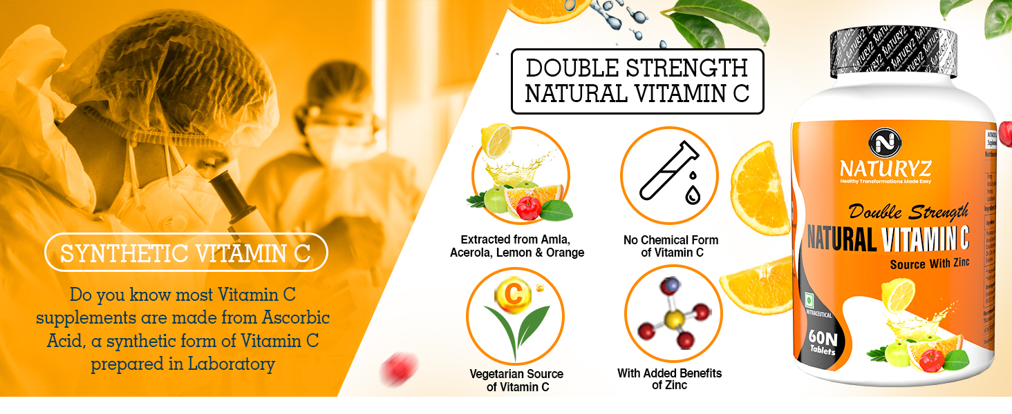 Naturyz Double Strength Natural Vitamin C & Zinc Supplement 1250 mg with Amla, Acerola Cherry, Citrus Bioflavonoids for Immunity Support & Skincare (60 Vegetarian tablets)