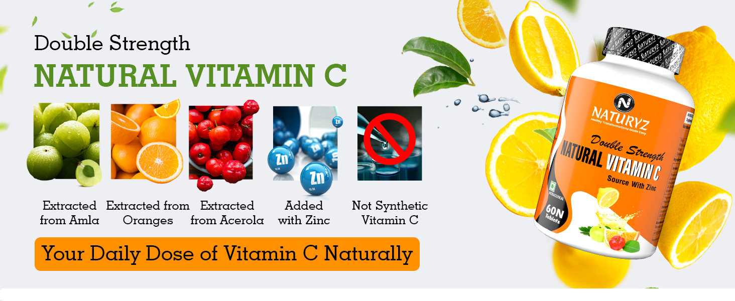 Naturyz Double Strength Natural Vitamin C & Zinc Supplement 1250 mg with Amla, Acerola Cherry, Citrus Bioflavonoids for Immunity Support & Skincare (60 Vegetarian tablets)