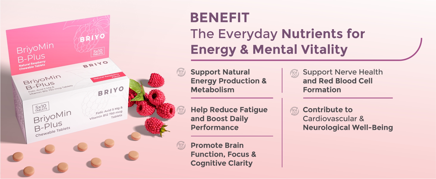 Briyomin B Plus: Folic Acid & Vitamin B12 Tablets - Supports Red Blood Cells, DNA Synthesis, and Nervous System Health - Natural Raspberry Flavored B9 & B12 Chewable Tablets (Pack of 50)