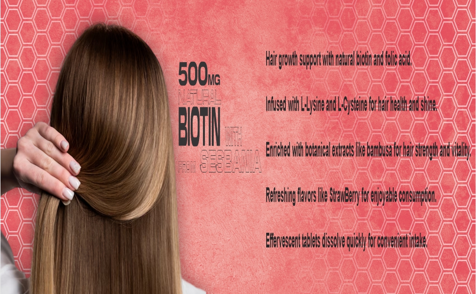 Hair Growth Tablet 500mg | Natural Biotin from 500000mcg Sesbania | 20 Effervescent Sugar-Free Tablets in Strawberry Flavor