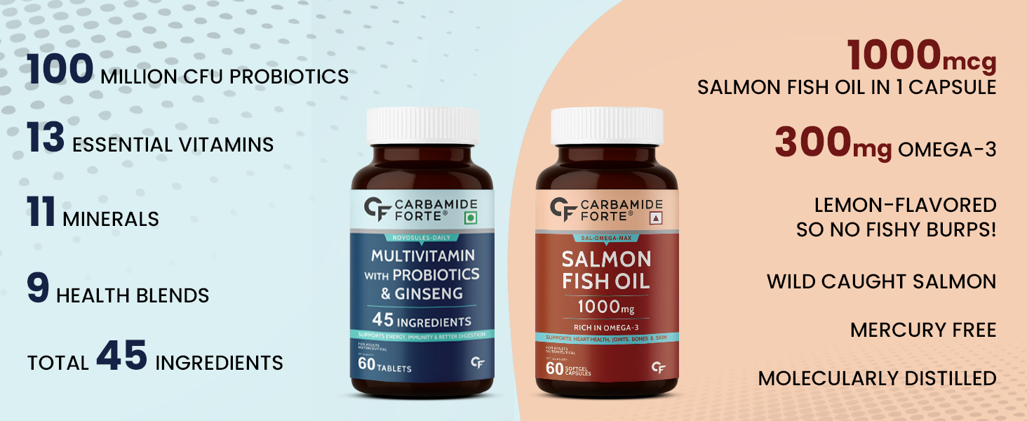 Carbamide Forte Multivitamin Tablet for Men with Probiotics & Salmon Omega 3 fish Oil Capsules | Salmon Fish Oil Omega 3 Capsule 1000mg and Multivitamin Tablets Combo | 60 Tablets + 60 Softgels