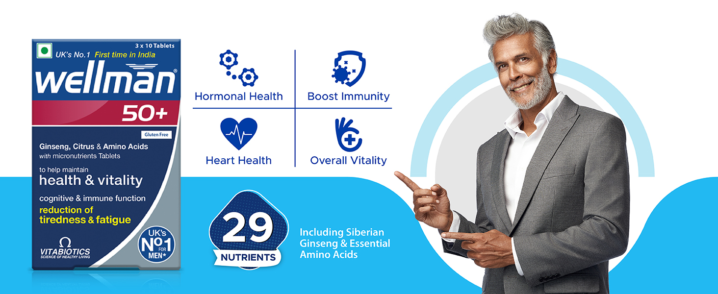 Wellman 50+ Multivitamin Tablets for Men Aged 50+ | Ginseng, Citrus & Amino Acids | Support Health & Vitality | Boost Cognitive & Immune Function | Combo Pack of 2 (30 Veg Tablets Each Pack)