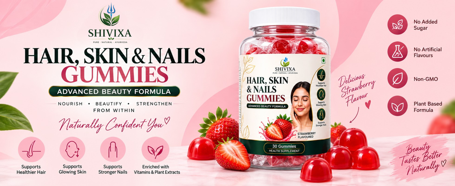 Hair, Skin & Nails (3 in 1 Gummies) - 30 pieces | Enriched with Plant Extracts, Vitamins & Minerals | Brightens Skin, Control Hairfall, Strengthens Hair & Nails