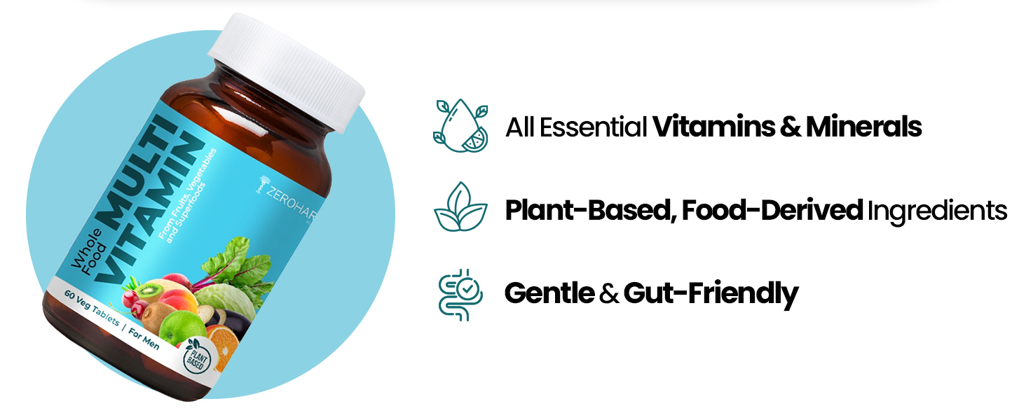 ZEROHARM Multivitamin Tablets for Men | Whole Food Multivitamin with Essential Vitamins A, B, C, D, E & Iron, Zinc, Magnesium | Daily Supplements for Immunity & Energy Support | 60 Veg Tablets