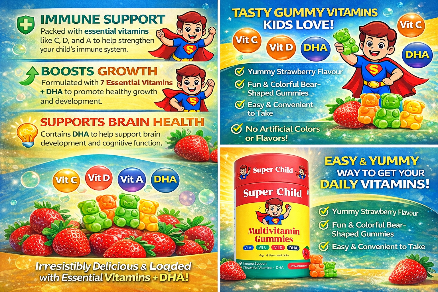 Kids Multivitamin Gummies with DHA | Supports Brain & Immune Health | Essential Vitamins & Minerals | Natural Strawberry Flavour | 30 Gummies | 4+ Years