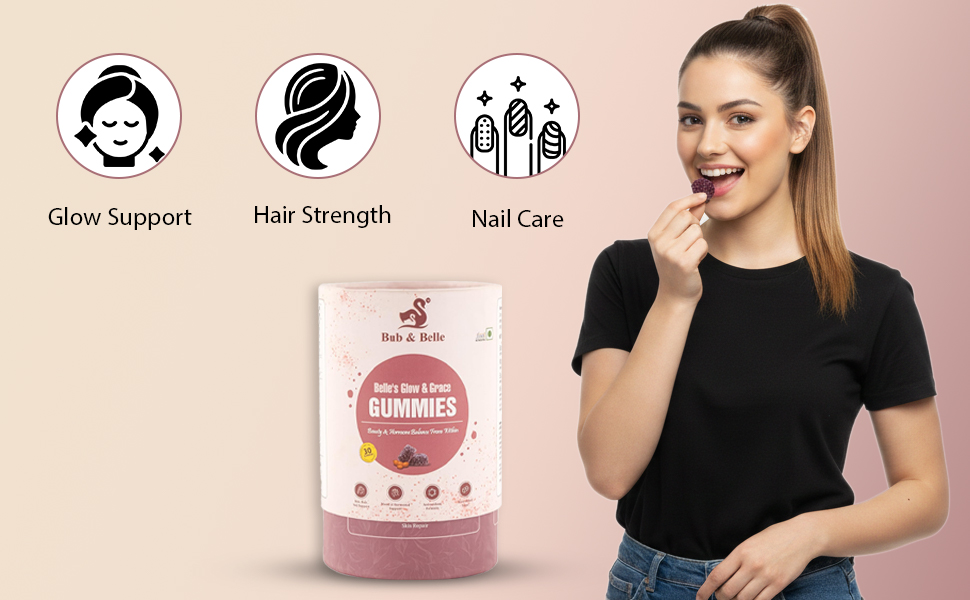 bub & belle Belle's Glow & Grace Gummies | Beauty Wellness Support Gummies | with Biotin Vitamin C E Zinc Selenium Folic Acid Inositol | for Skin Hair Nails Care | 200GM