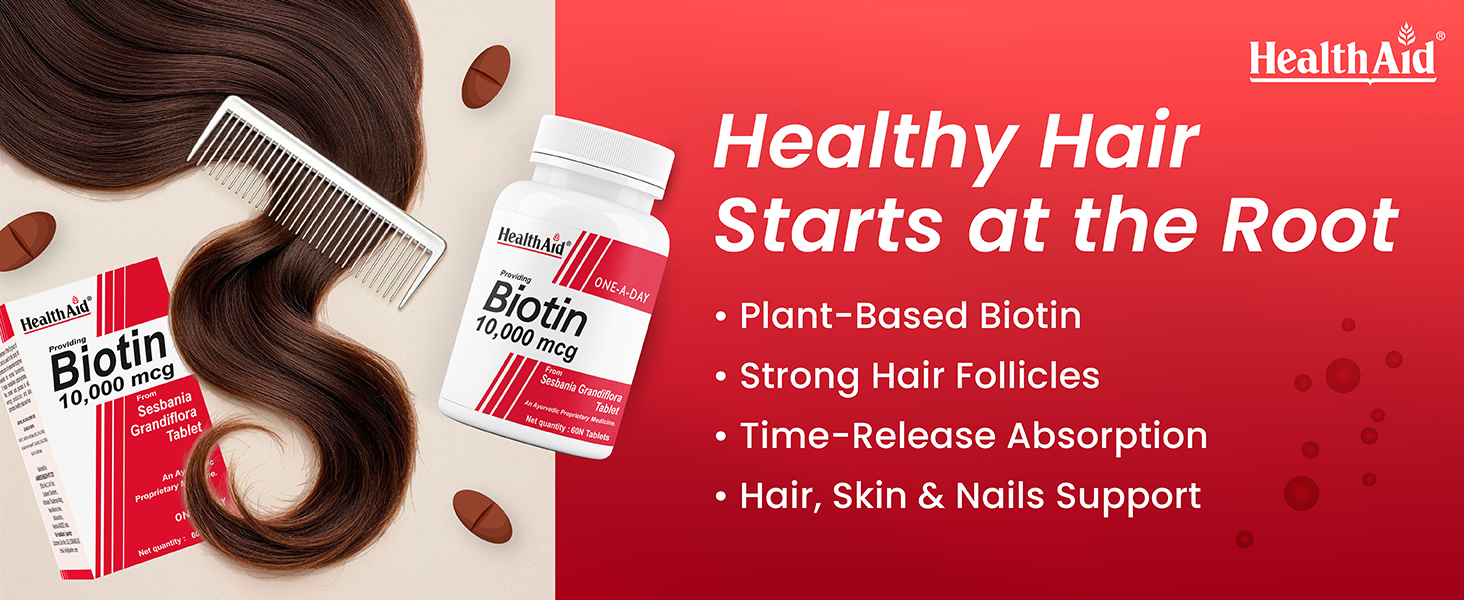 HealthAid Biotin 10000mcg – 60 Vegetarian Tablets | Plant-Based Biotin from Sesbania | Supports Healthy Hair, Skin & Nail Strength for Men & Women (Pack of 2)