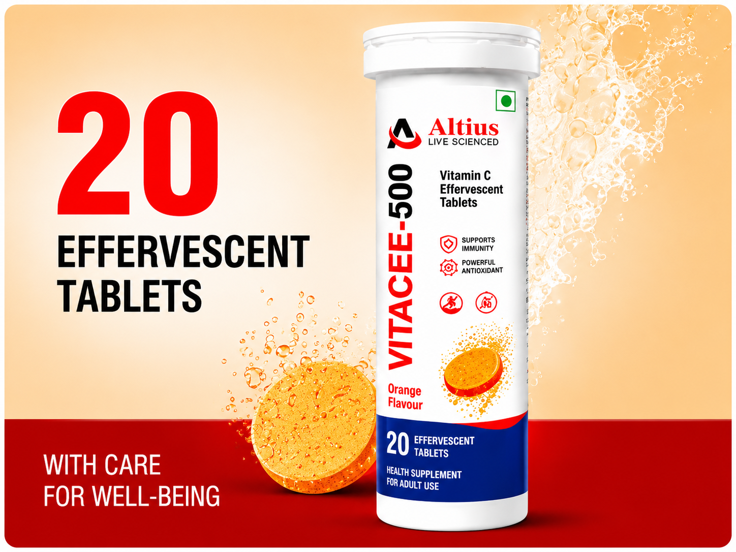 Vitacee-500 | Vitamin C Tablets | Helps to boost & Strengthens Collagen for Healthy Skin, Hair & Nails- Orange Flavour - 20 Tablets