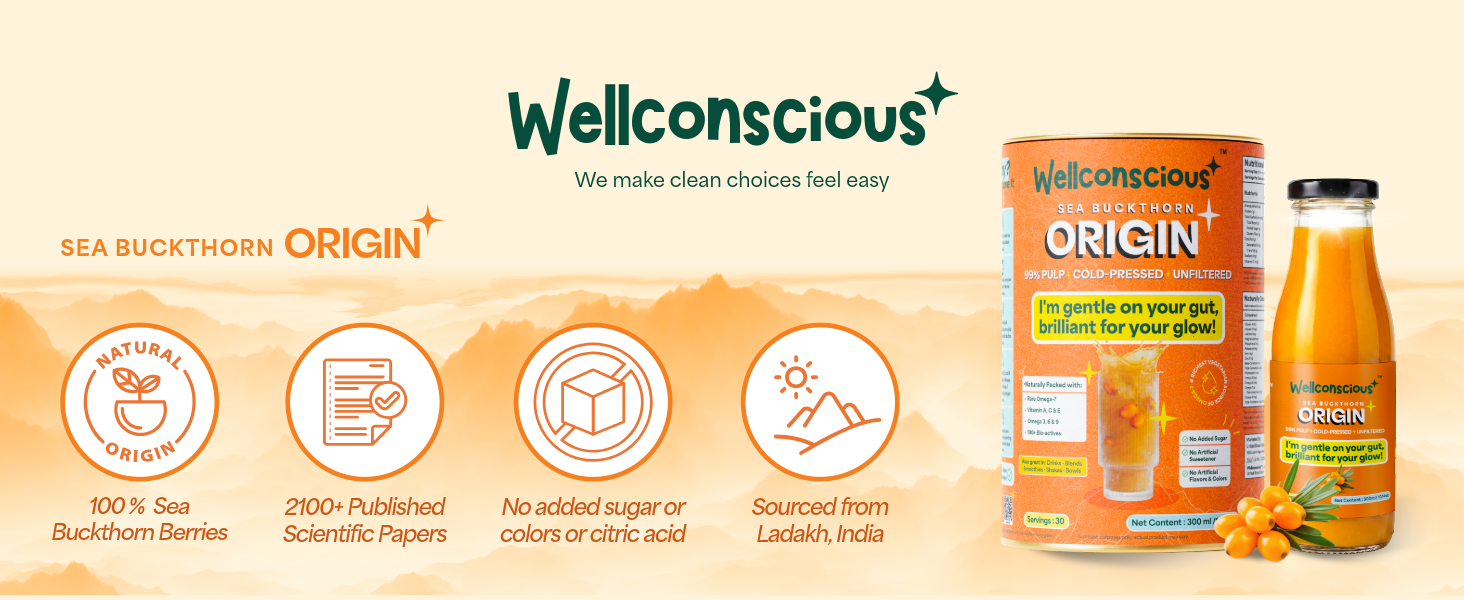 Wellconscious Sea Buckthorn Juice Origin 300ml | 100% Ladakh Berry Pulp | Immunity, Gut & Skin Glow Support | Natural Vitamin C, Omega 7 & 3-6-9 | Vegan, No Citric Acid or Sugar | Makes 50 Glasses