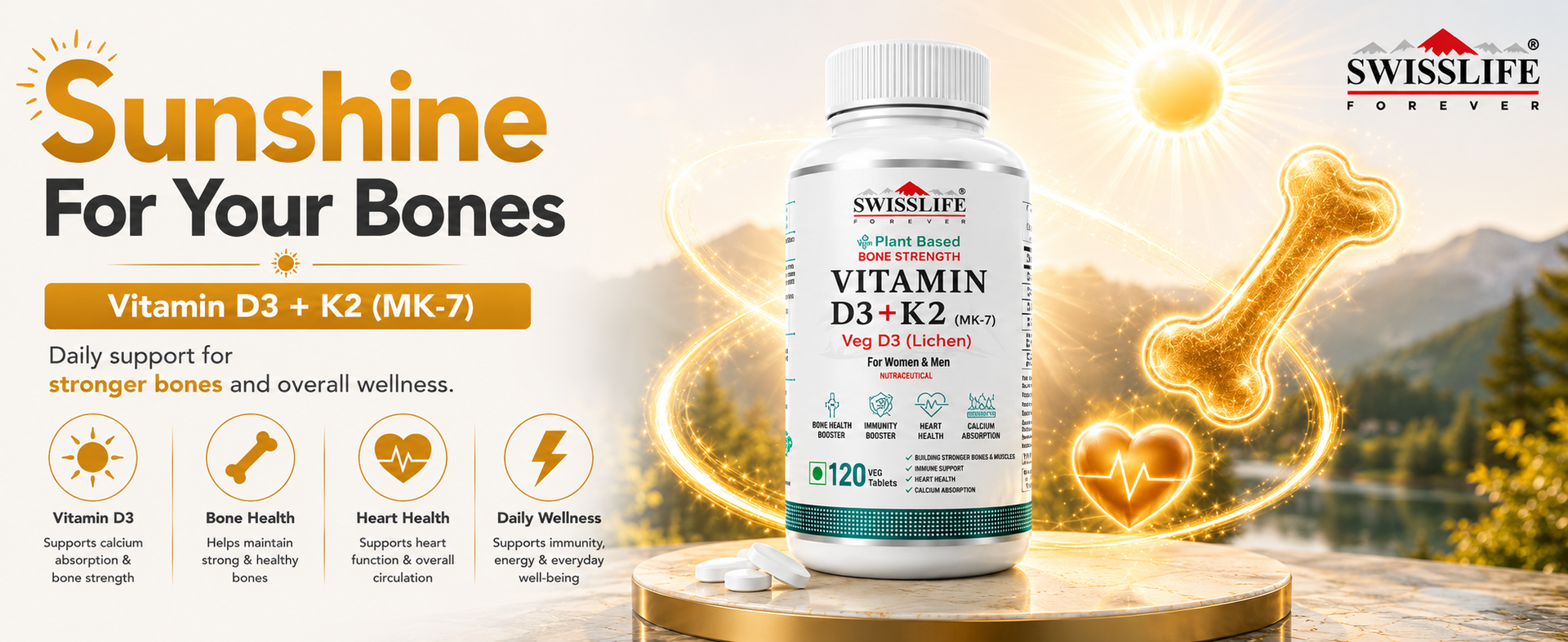 Swisslife Forever Vitamin D3 & K2 as Mk7 Supplement | Immune Support | Promotes Bone and Heart Health Support | 120 Veg Tablets
