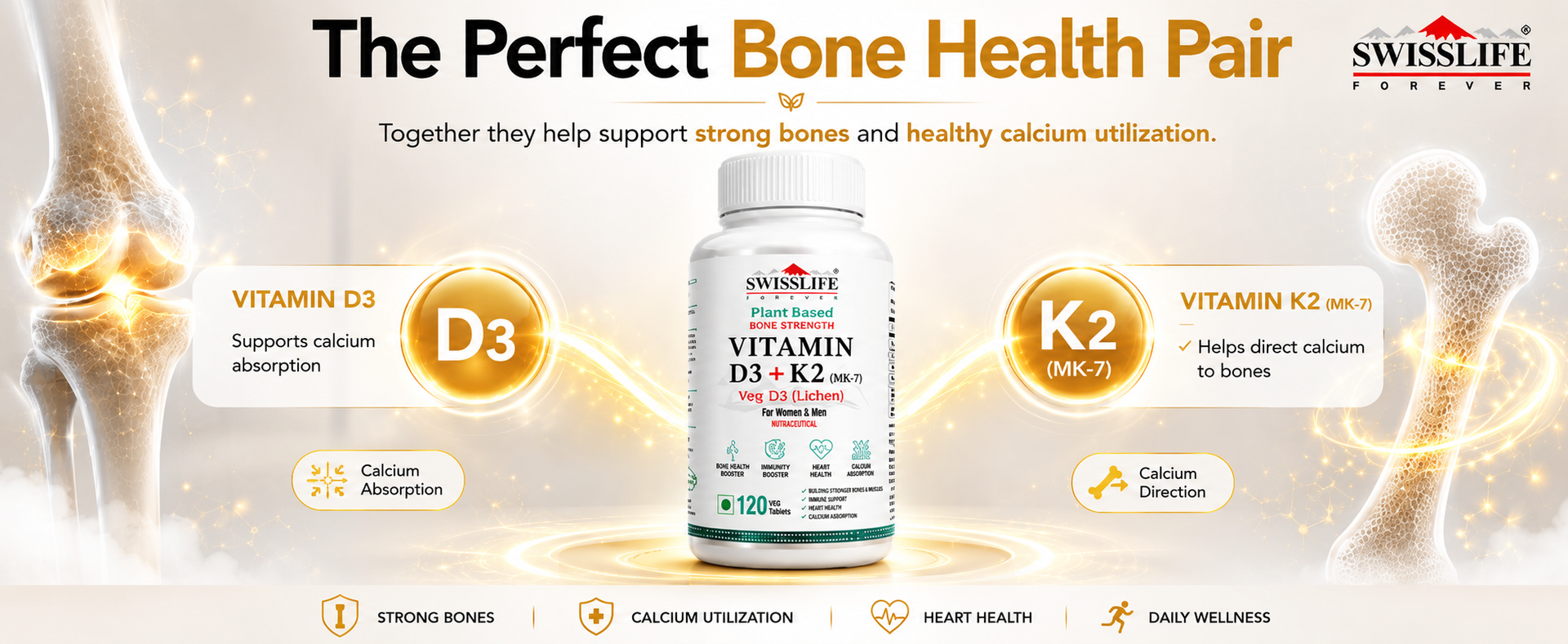 Swisslife Forever Vitamin D3 & K2 as Mk7 Supplement | Immune Support | Promotes Bone and Heart Health Support | 120 Veg Tablets