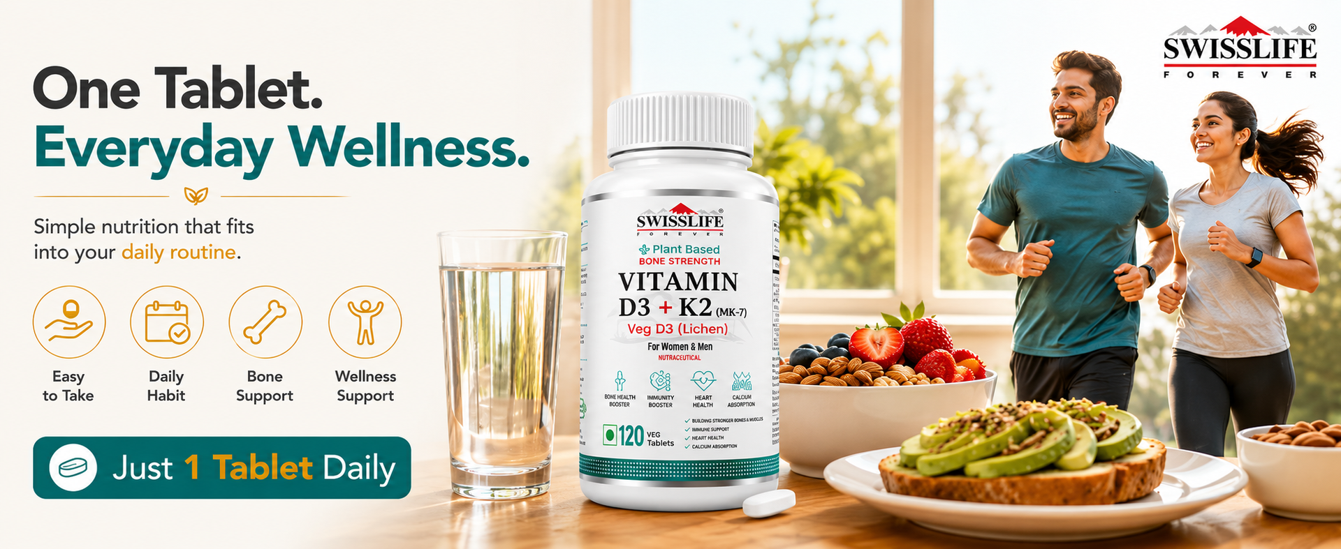 Swisslife Forever Vitamin D3 & K2 as Mk7 Supplement | Immune Support | Promotes Bone and Heart Health Support | 120 Veg Tablets