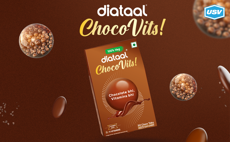 Diataal ChocoVits Veg, Chewable Multivitamin | 30 Chocolaty Tabs with 11 Essential Vitamins | Power of B-complex vitamins, B12, D3, Nicotinamide, Vitamin A, C & E for Energy | Immunity | Healthy Skin.