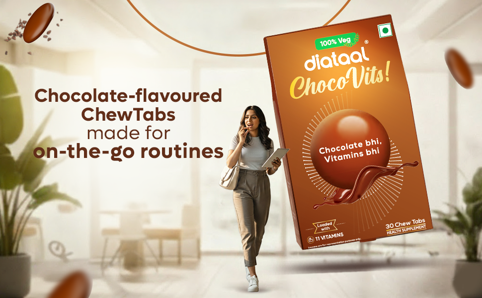 Diataal ChocoVits Veg, Chewable Multivitamin | 30 Chocolaty Tabs with 11 Essential Vitamins | Power of B-complex vitamins, B12, D3, Nicotinamide, Vitamin A, C & E for Energy | Immunity | Healthy Skin.