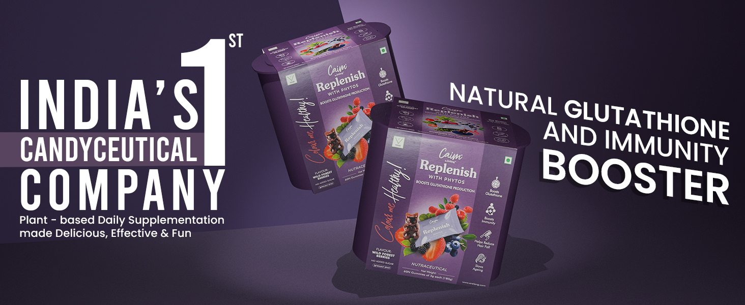Replenish with Phytos | Glutathione Boosting Vegan Gummies for Skin Glow, Hair Growth & Anti-Ageing | Caim by årelang | Plant-Based, Sugar-Free & Made with 100% Apple Juice Concentrate | 60Pcs (180g)