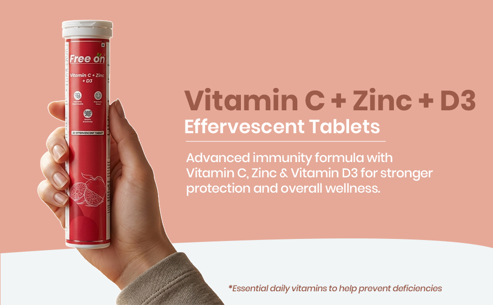 Free On Vitamin C + Zinc + D3 Effervescent Immunity Booster, 20 Tablets