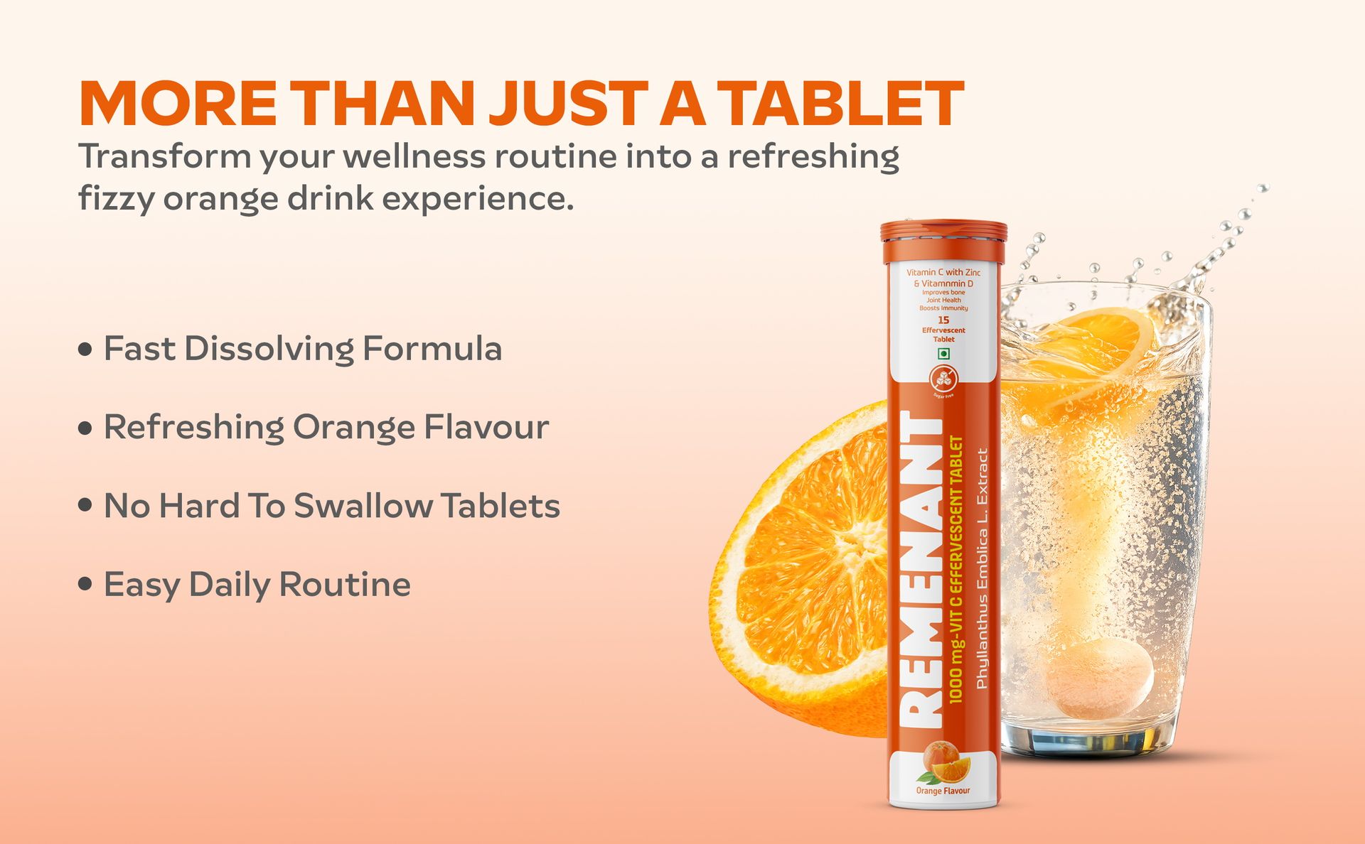 REMENANT 1000 mg Vitamin C Effervescent Tablets with Zinc & Vitamin D – Phyllanthus Emblica Extract, Orange Flavour, 15 Tablets