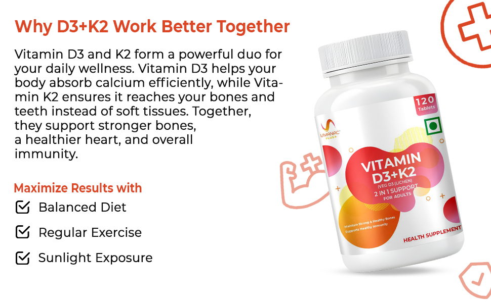 Umanac Plus Vitamin D3 + K2 (MK-7) 120 Tablets | Supports Bone Strength, Calcium Absorption, Joint Health & Immunity | Daily Health Supplement