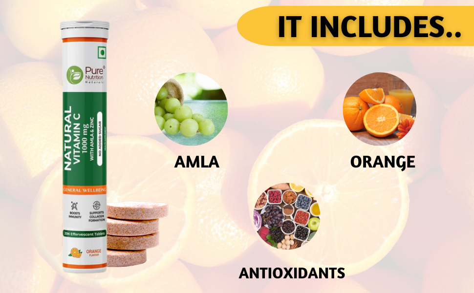 Pure Nutrition Vitamin C + Zinc, 20 Effervescent Tablets (20 x 1) Orange Flavour | 1000mg Amla Extract | Supports Acne Free Skin for Women & Men | Rich in Antioxidants | Boosts Energy & Immunity