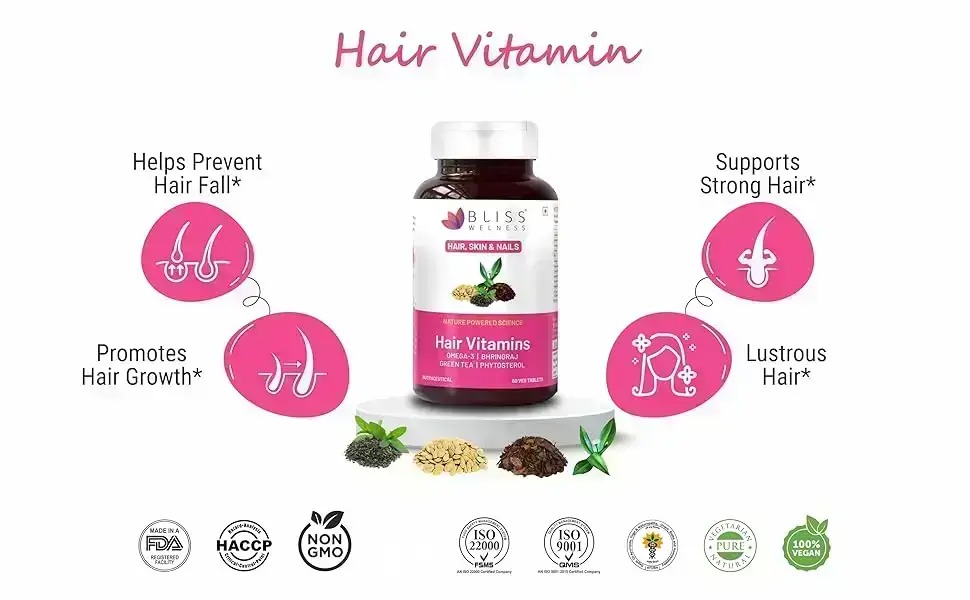 Bliss Welness Hair Vitamins with Omega-3, Bhringraj, Green Tea, Phytosterol, Biotin, Pumpkin Seed Extract for Women and Men | Supports Hair Nourishment, Shine, and Scalp Health | 60 Veg Tablets