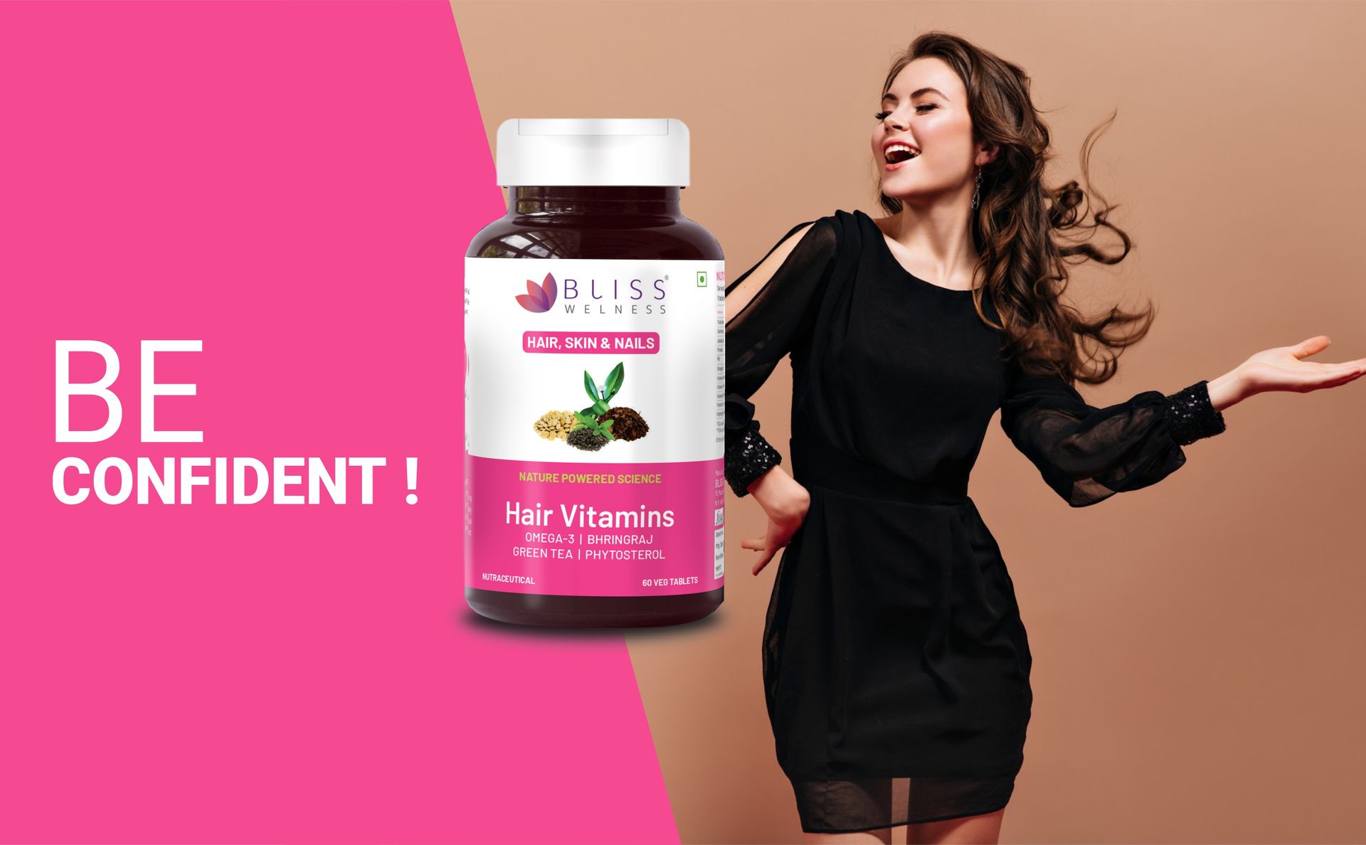 Bliss Welness Hair Vitamins with Omega-3, Bhringraj, Green Tea, Phytosterol, Biotin, Pumpkin Seed Extract for Women and Men | Supports Hair Nourishment, Shine, and Scalp Health | 60 Veg Tablets