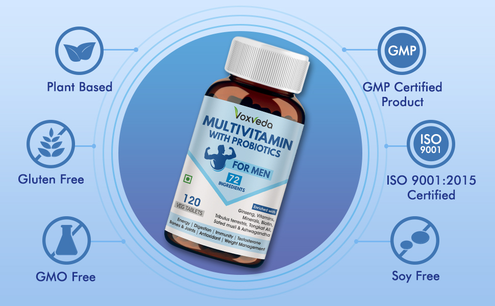 Voxveda's Multivitamin for Men with Probiotics - 72 Ingredients | Multivitamin Tablet with Ginseng, Vitamin, Minirals, Aswagandha, Biotin (120 Veg Tablets)