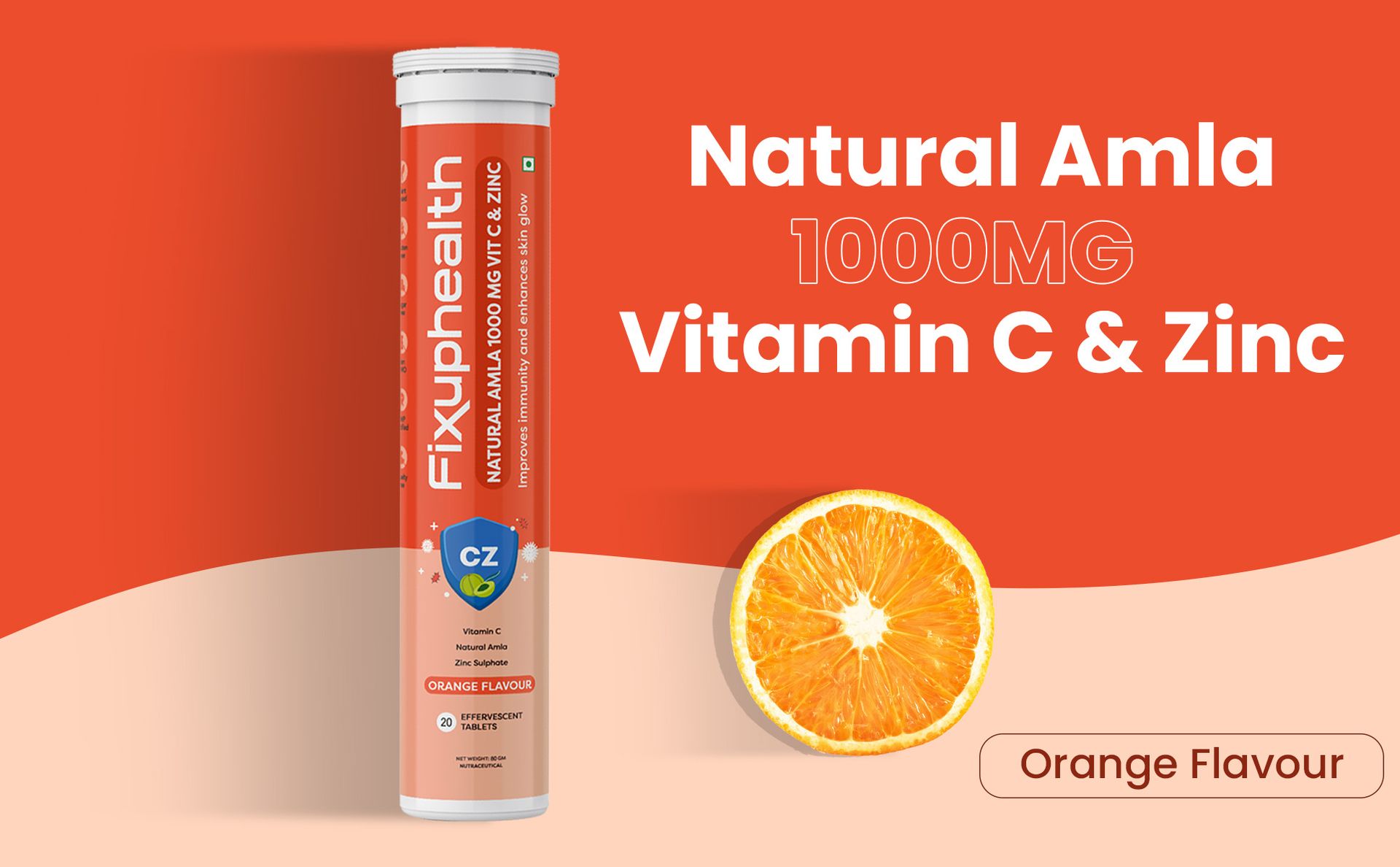 Fixuphealth Vitamin C Tablets, 20 Effervescent Tablets with 1000mg Amla & Zinc, Vitamin C Supplement for Immunity, Glowing Skin & Collagen Support, Healthy Hair & Nails, Orange Flavor
