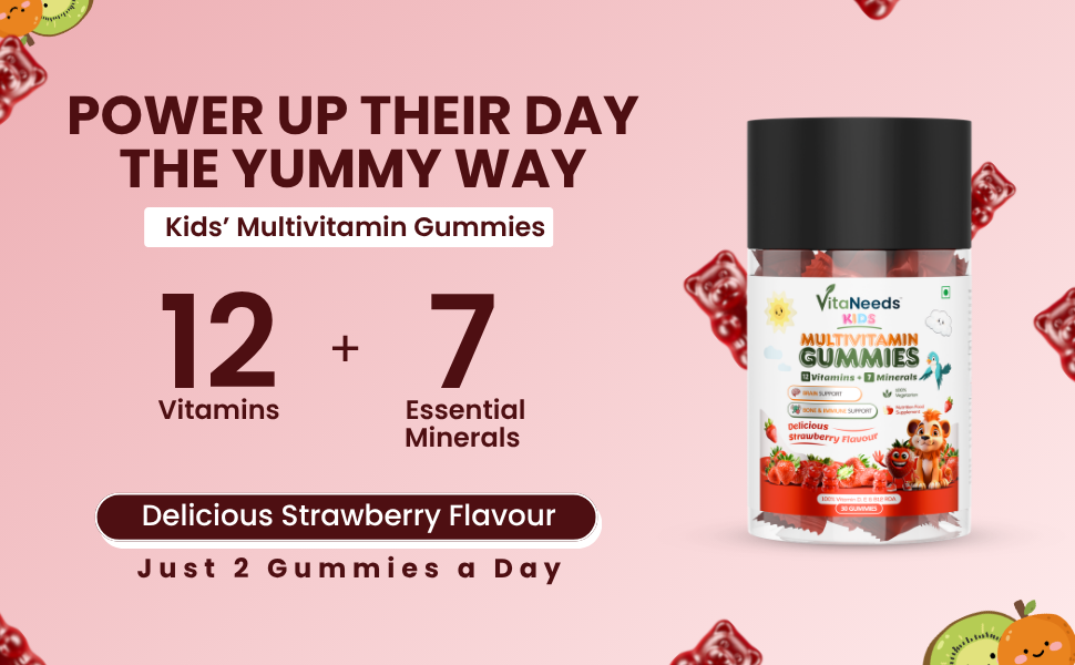 Multivitamin Gummies Strawberry Flavour 30 Count for Nutrition and Bone Support Vegetarian Dietary Supplement for Children