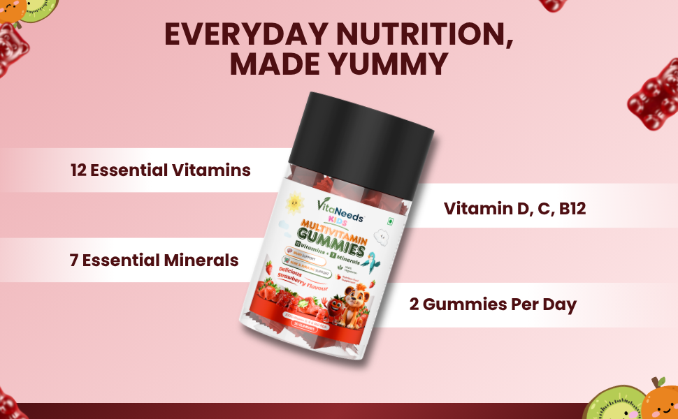 Multivitamin Gummies Strawberry Flavour 30 Count for Nutrition and Bone Support Vegetarian Dietary Supplement for Children