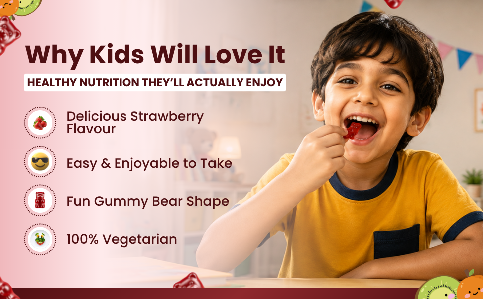 Multivitamin Gummies Strawberry Flavour 30 Count for Nutrition and Bone Support Vegetarian Dietary Supplement for Children